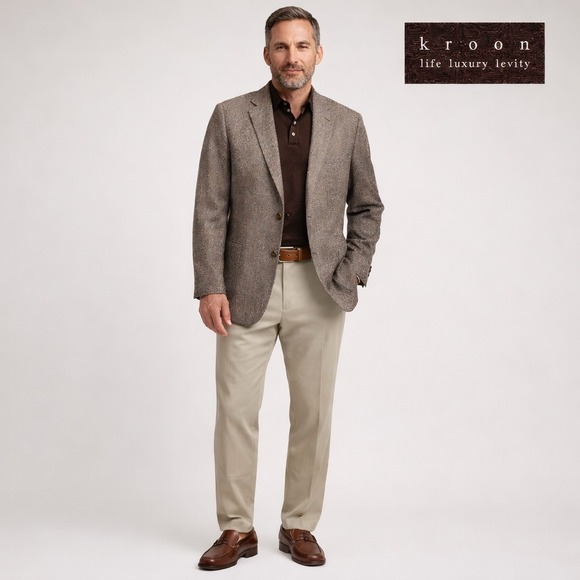 Kroon Tweed Wool Classic Fit Sport Coat Blazer Mens 44R Brown Houndstooth EUC